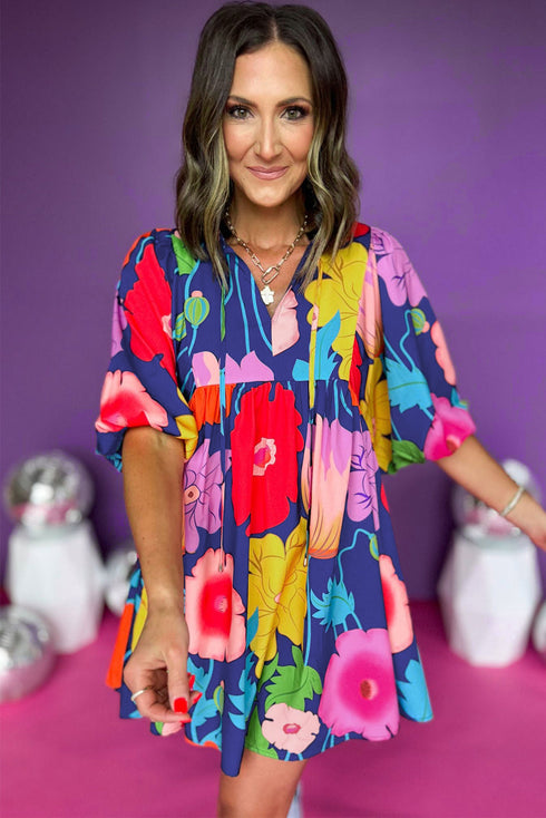 Floral Print Split Neck Babydoll Dress